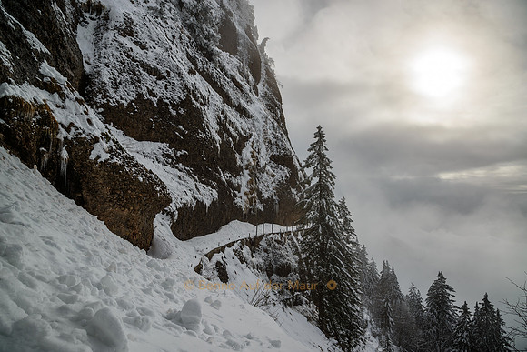 Auch der Wanderweg ist im Winterschlaf; Nähe Schild, Rigi-Gebiet