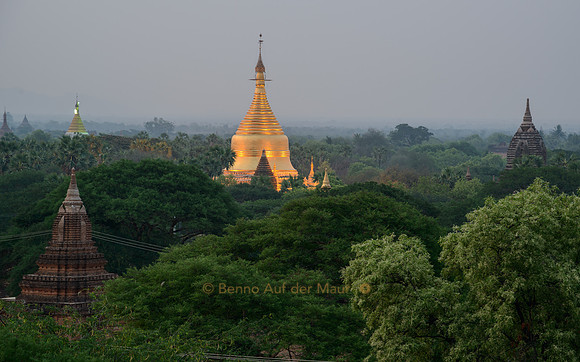 Die goldfarbene Stupa der Mya Zedi Pagode leuchtet in der Morgendämmerung
