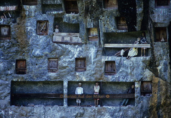 In Fels gehauene Begräbnisstätte. Puppen (tau tau) symbolisieren die Verstorbenen; Nähe Rantepao, Tana Toraja – Zentral-Sulawesi